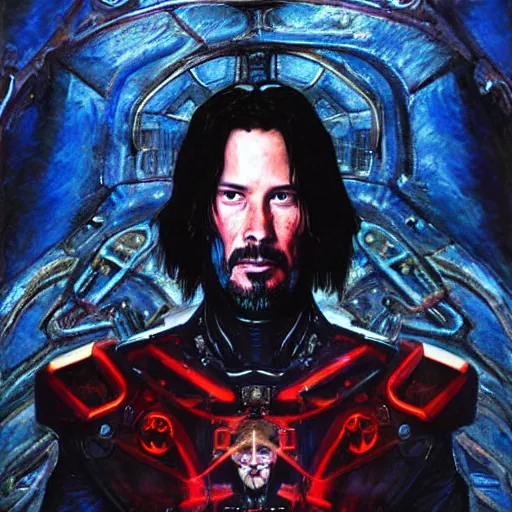 Prompt: A cyborg Keanu Reeves as the tyrant emperor of the universe. Trending on ArtStation. A vibrant digital oil painting. A highly detailed fantasy character illustration by Wayne Reynolds and Charles Monet and Gustave Dore and Carl Critchlow and Bram Sels