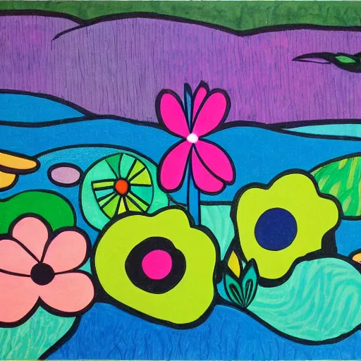 Image similar to intuitive tonalism by alice rahon, by romero britto. a peaceful installation art that shows a pond with water lilies floating on the surface. the colors are soft & calming, & the overall effect is one of serenity & relaxation.