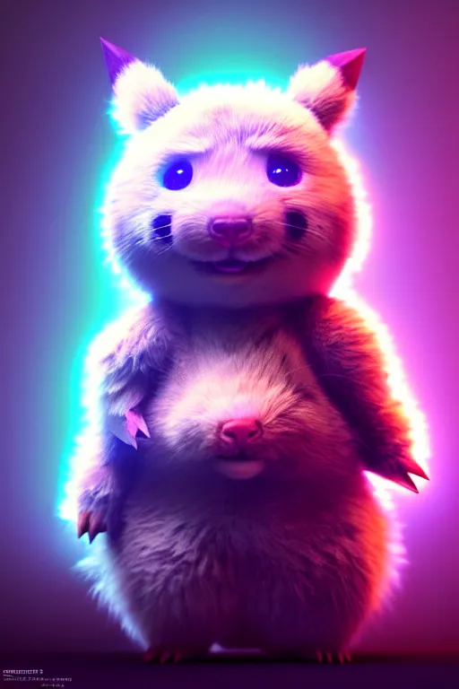 Image similar to high quality 3 d render post - cyberpunk very cute fluffy! wombat!! cyborg, mechanical paw, highly detailed, unreal engine cinematic smooth, in the style of detective pikachu, hannah yata charlie immer, neon purple light, low angle, uhd 8 k, sharp focus