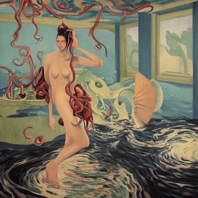 Prompt: tall female artist holding a nautilus in her flooded kitchen, pomegranates, octopus, water gushing from ceiling, painting of flood waters inside an artist's apartment, a river flooding indoors, candles, ikebana, zen, rapids, waterfall, black swans, canoe, berries, acrylic on canvas, surrealist, by magritte and monet