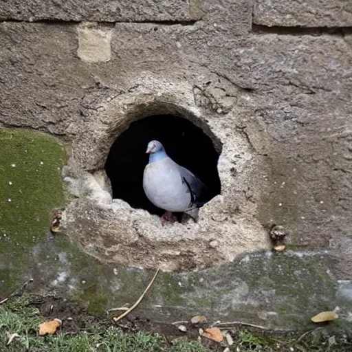 Prompt: a pigeon stuck in a hole inside a medieval wall