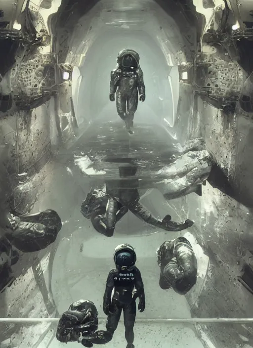 Image similar to astronauts in dark and empty void underwater - complex and hyperdetailed technical suit. reflection and dispersion materials. rays and dispersion of light. volumetric light. 5 0 mm, f / 3 2. noise film photo. flash photography. ultra realistic, wide angle. poster by wayne barlowe, hajime sorayama aaron horkey, craig mullins