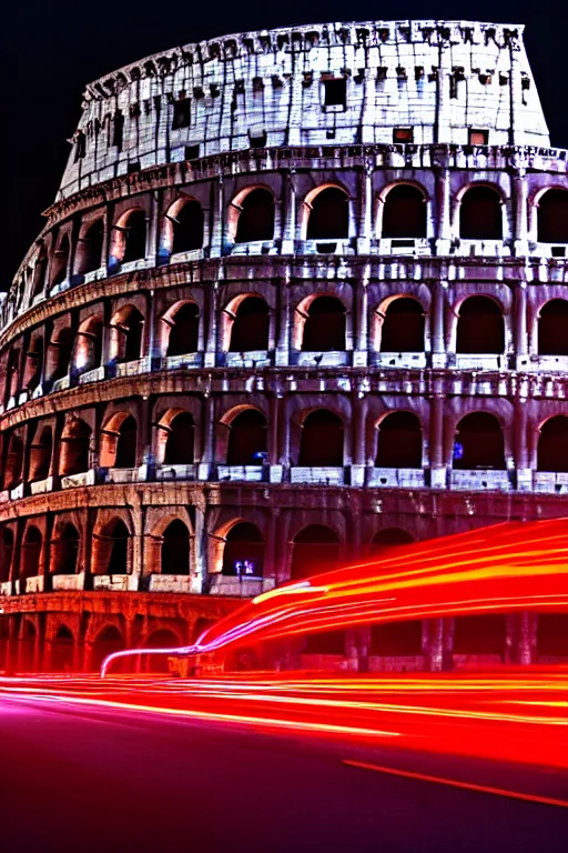 Image similar to neon streets of rome with colosseum in background, 4 k, award winning photo, cyberpunk style