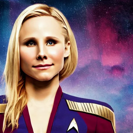 Image similar to a beautiful full body photograph of kristen bell as a star fleet officer from star trek next generation, extreme realism and detail, 8 k, completely framed, direct lighting, 3 5 mm photo, photorealistic, sharp focus