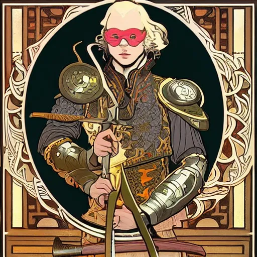 Image similar to portrait : : clearly visible face : : : swashbuckling albino rogue wearing ss uniform leather armor with hand on hilt : : tang dynasty sword with blowtorch flame for blade : : goggles pushed up on forehead : : concept art by rutkowski and alphonse mucha and barlowe