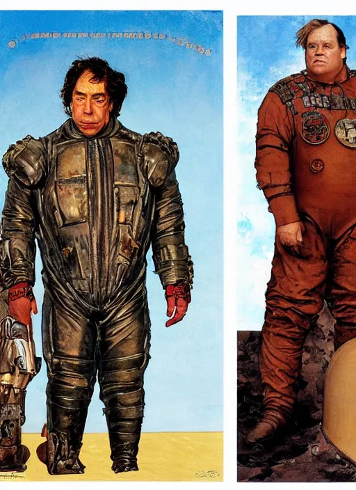 Image similar to full body and head portrait of javier bardem as baron vladimir harkonnen in dune 1982 wearing tattered stained a leather space suit, by norman rockwell and jason fabok and tom lovell and frank schoonover and dean cornwell