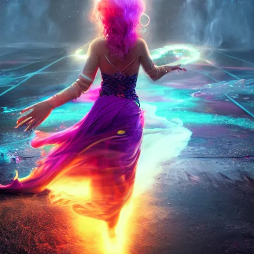 Prompt: Photorealistic magic goddess walking away from an explosion. Hyperdetailed photorealism, 108 megapixels, amazing depth, glowing rich colors, powerful imagery, psychedelic Overtones, 3D finalrender, 3d shading, cinematic lighting, artstation concept art