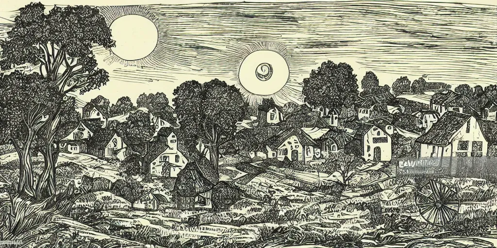 Prompt: Village with fields and sun. Rural landscape with small farm and trees. Hand drawn engraving style