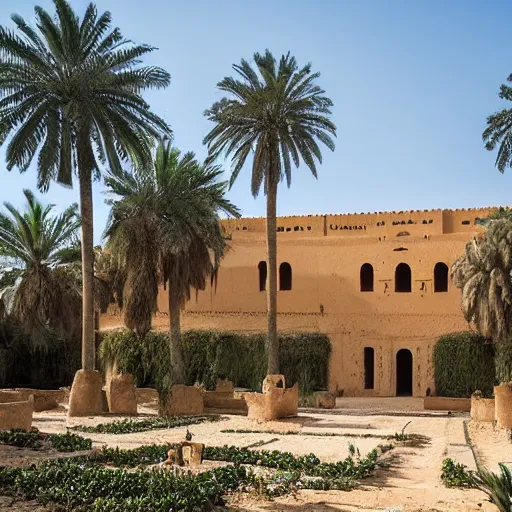 Prompt: landscape photograph of a large najdi mud house palace with gardens and palm trees. Detailed