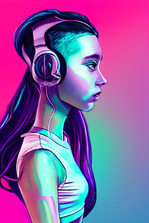 Image similar to a award winning half body portrait of a beautiful woman with stunning eyes in a croptop and cargo pants with ombre purple pink teal hairstyle and wearing headphones on her ears by thomas danthony, surrounded by whirling illuminated lines, outrun, vaporware, digital art, trending on artstation, highly detailed, fine detail, intricate