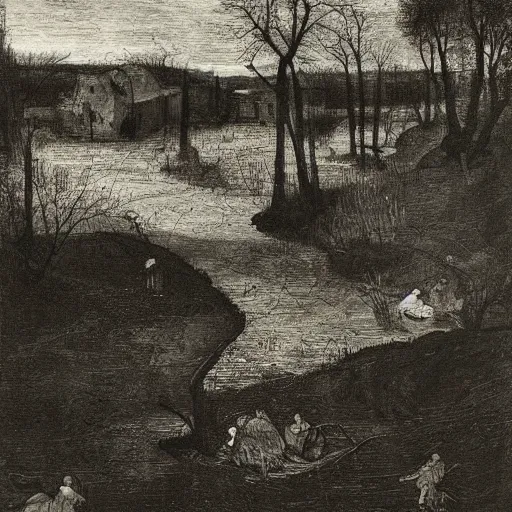 Image similar to abandoned dark stream sunray weed, by alberto giacometti and pieter bruegel the elder, rococo, smooth