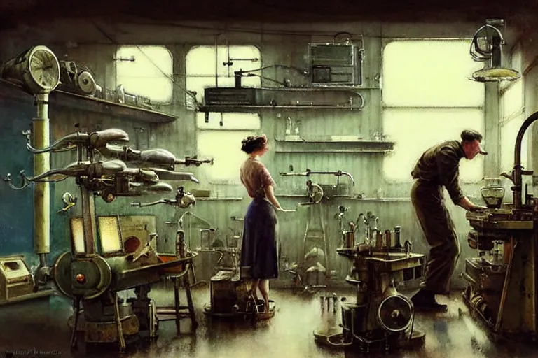 Image similar to ( ( ( ( ( 1 9 5 0 s retro science fiction mechanics shop interior scene. muted colors. ) ) ) ) ) by jean - baptiste monge!!!!!!!!!!!!!!!!!!!!!!!!!!!!!!