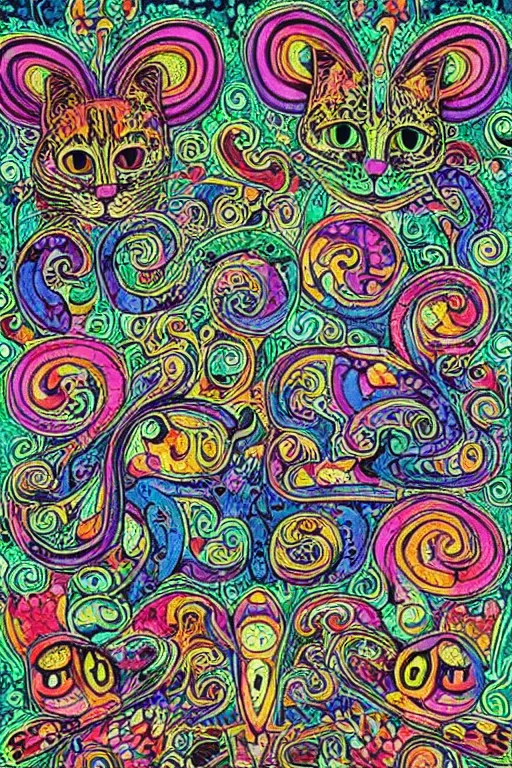 Image similar to Psychedelic cats in the style of Louis Wain