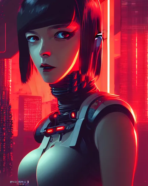 Image similar to a comic potrait of a cyberpunk cyborg girl with black and red parts, fine - face, realistic shaded perfect face, fine details. night setting. very anime style. realistic shaded lighting poster by ilya kuvshinov katsuhiro, unreal engine, global illumination, radiant light, detailed and intricate environment