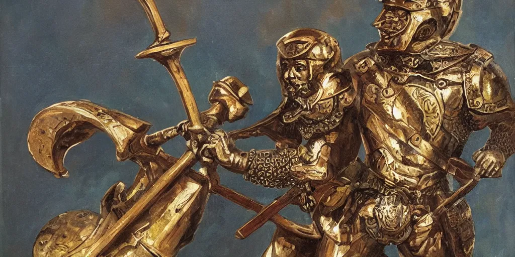 Prompt: one angel hoplite, wearing intricate bronze armour, holding a smiling cartoon hammer, fighting fantasy army, oil painting, masterpiece, sharp focus,