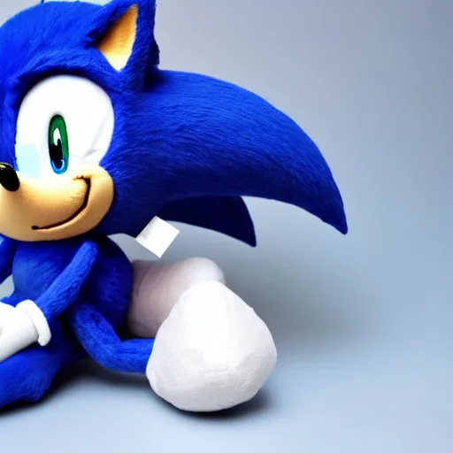 Image similar to plush doll of sonic the hedgehog sitting in vancouver during the morning, 8 k, cute, looks soft, high quality, hd resolution