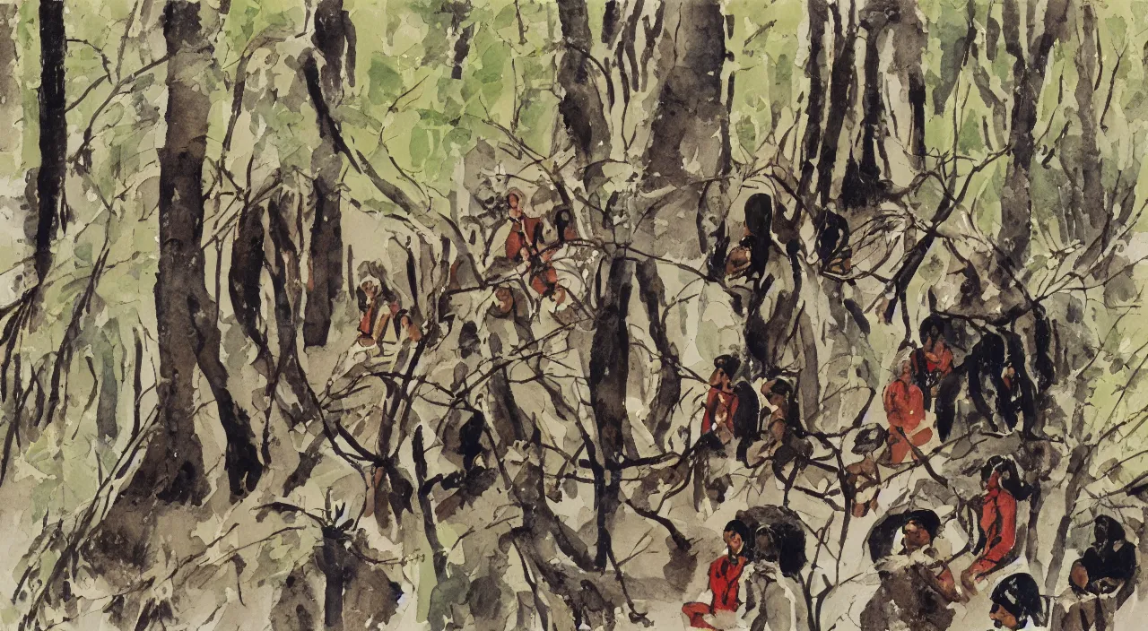 Image similar to close up portrait of Indian natives are waiting, hidden in the woods, watercolour by Hugo Pratt, oil on canvas