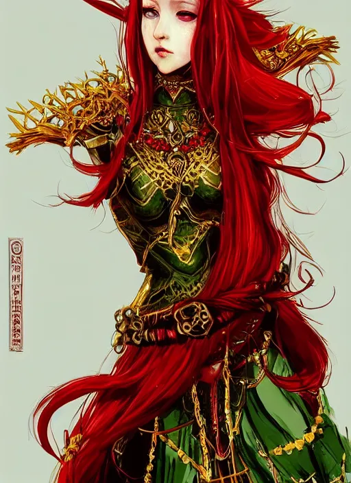 Image similar to Full body portrait of a beautiful red haired elven queen wearing red, green and gold queen dress and elaborate golden crown, bored look. In style of Yoji Shinkawa and Hyung-tae Kim, trending on ArtStation, dark fantasy, great composition, concept art, highly detailed.