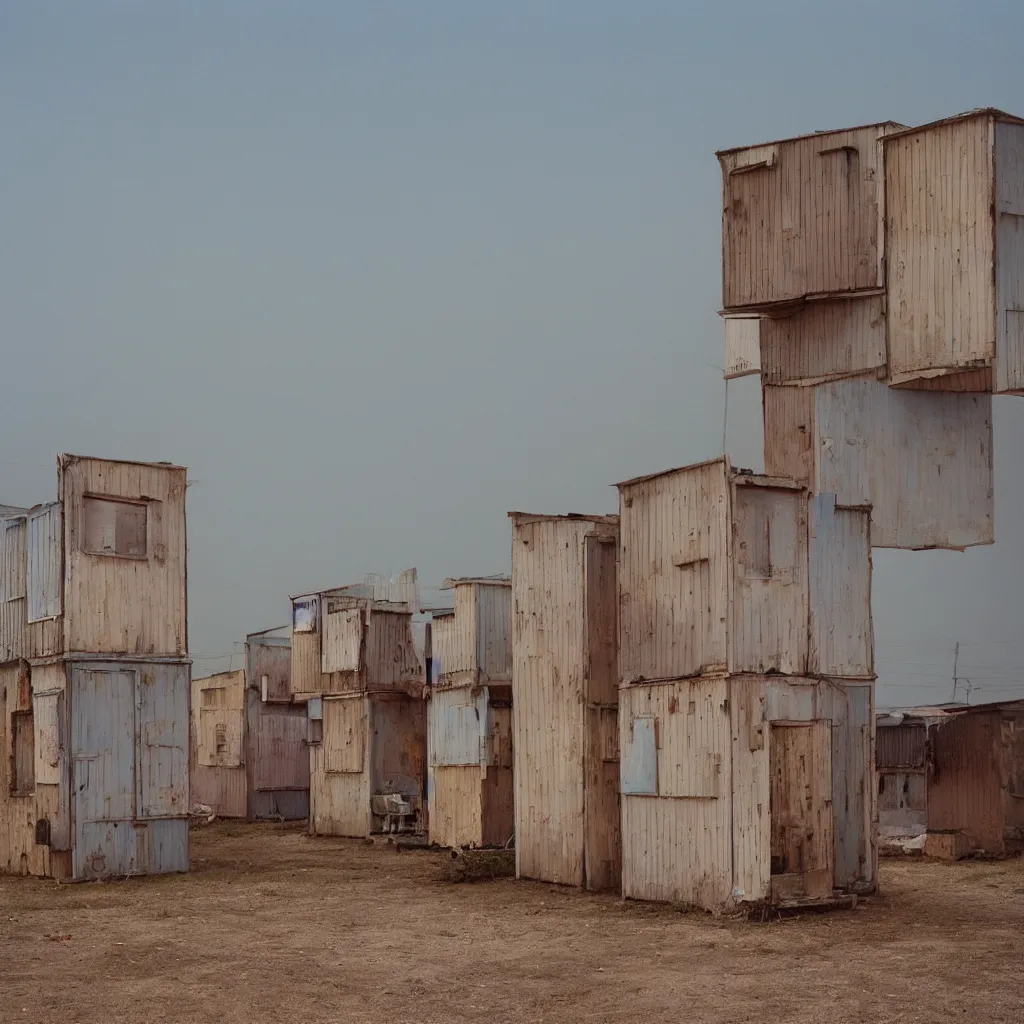 Prompt: towers made up of makeshift squatter shacks with pastel colours, plain uniform sky at the back, misty, mamiya rb 6 7, ultra sharp, very detailed, photographed by alejandro jodorowsky