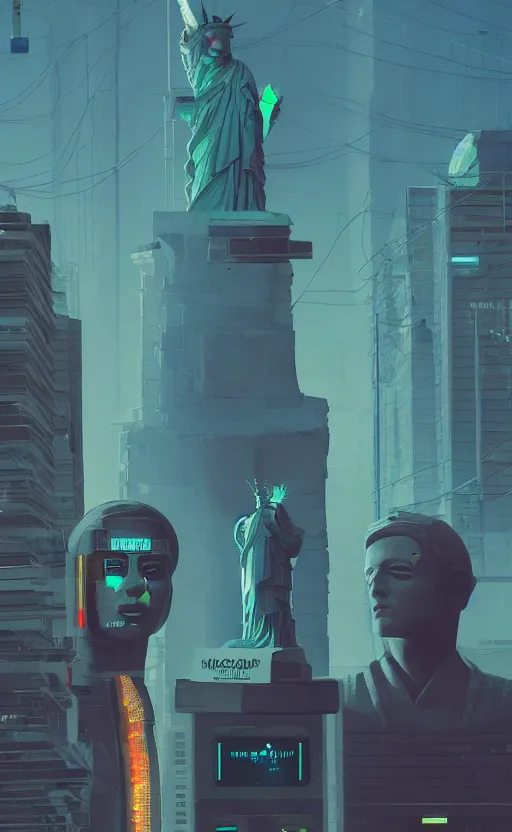 Image similar to a cyberpunk American Statue of Liberty Mount Rushmore in a alley with robots and humans walking around by marcel deneuve and beeple