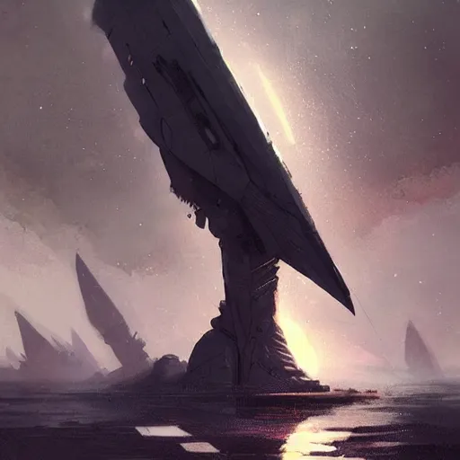 Image similar to concept art by greg rutkowski, a gigantic spear - shaped starship approaches the system, huge and megalithic, plowing through space, frightening and creepy atmosphere, scifi, digital painting, artstation, concept art, smooth, sharp foccus ilustration, artstation hq