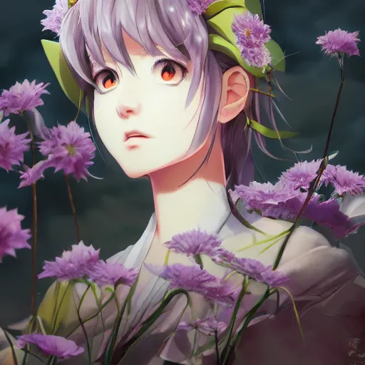 Image similar to portrait of the ghost in a flower, anime fantasy illustration by tomoyuki yamasaki, kyoto studio, madhouse, ufotable, square enix, cinematic lighting, trending on artstation