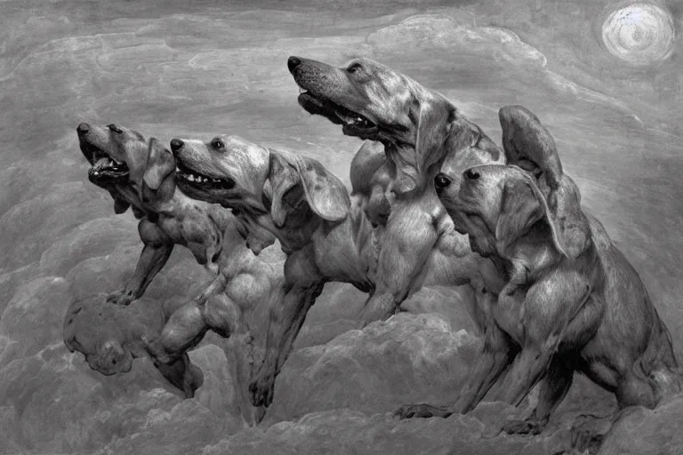 Image similar to hyperdetailed matte art of a three headed dog cerberus by william blake, ilya repin, amano, rene magritte, craig mullins, three headed dog cerberus, details