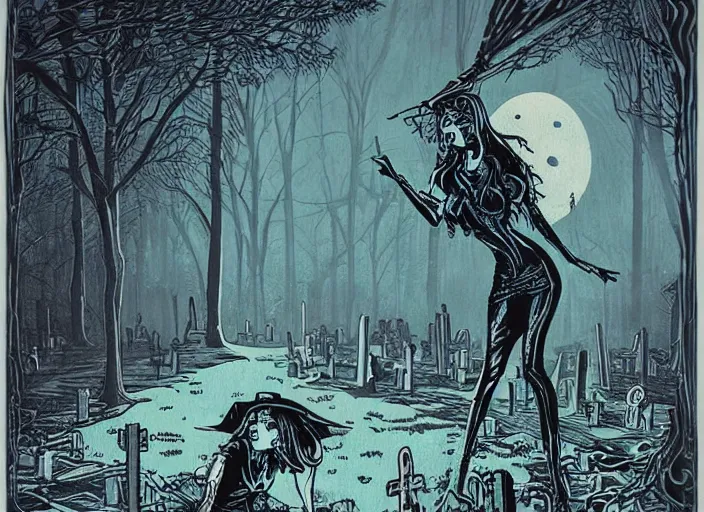 Prompt: blue woodcut print, sexy cartoon halloween witch in graveyard at midnight by greg rutkowski, fine details, highly detailed