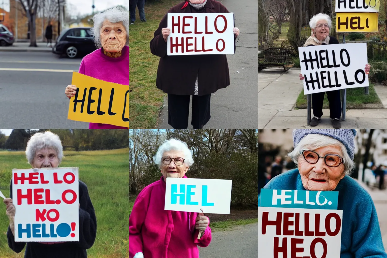 Prompt: an old woman holding a sign that reads HELLO,
