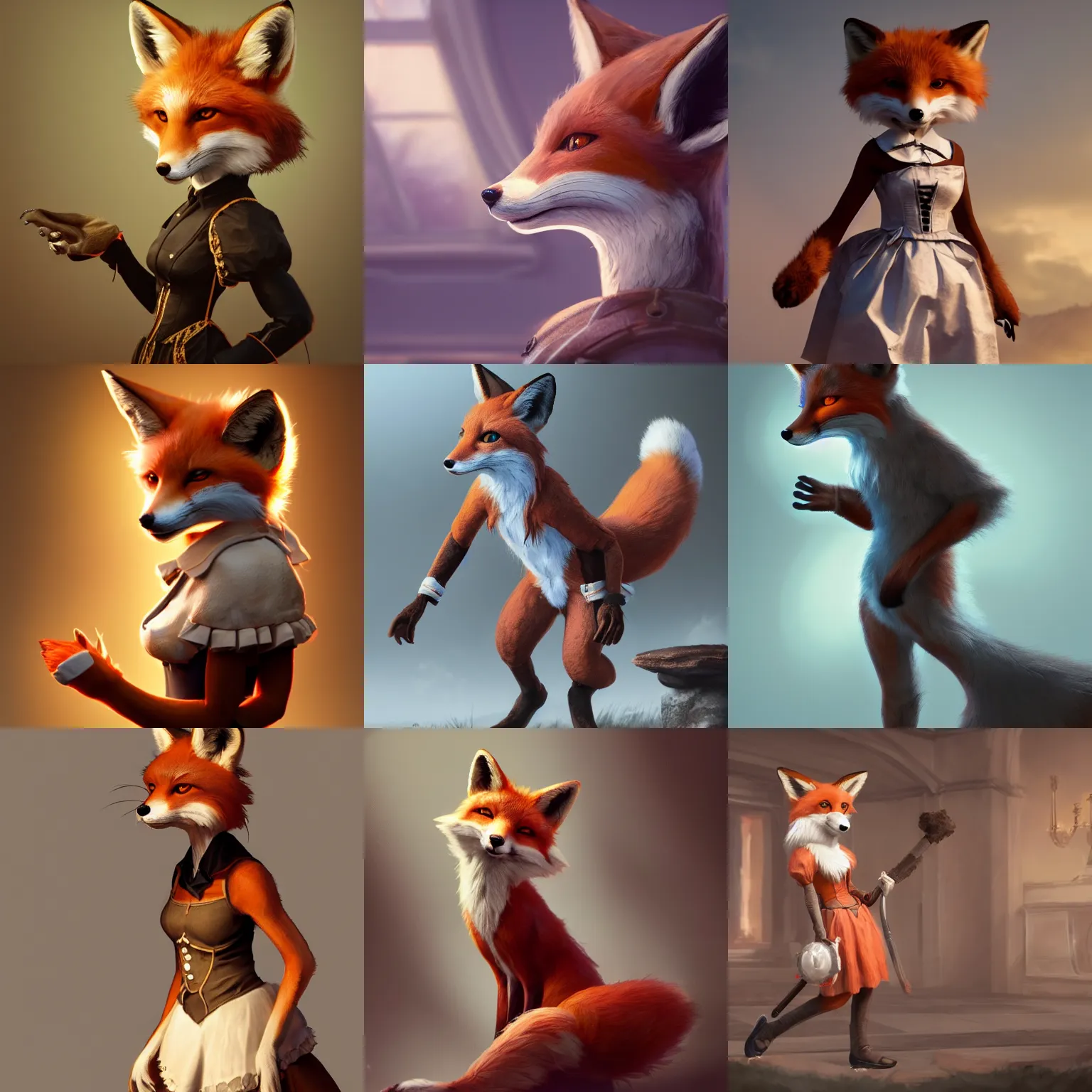 Prompt: An anthropomorphic fox wearing a maid outfit, trending on FurAffinity, trending on Artstation, 8k, photorealistic, hyper detailed, unreal engine 5, IMAX quality, cinematic, epic lighting, in the style of Greg Rutkowski