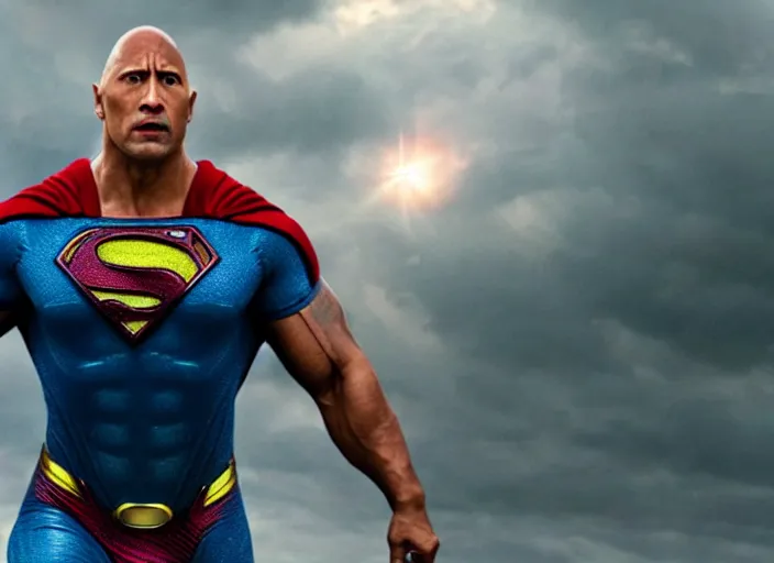 Prompt: film still of dwayne the rock johnson as superman in the new superman movie, 4 k