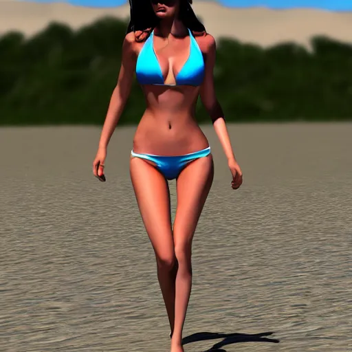 Prompt: full body 3 d render megan fox in bikini run on beach
