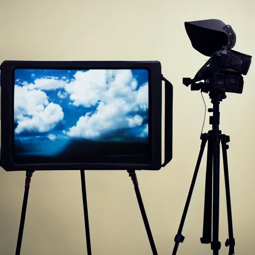 Prompt: a wide angle (((((((((close up)))))))))) professional studio photograph of a 90s television and VHS combo playing a video of clouds, key light, 50mm, shallow depth of field, no artefacts