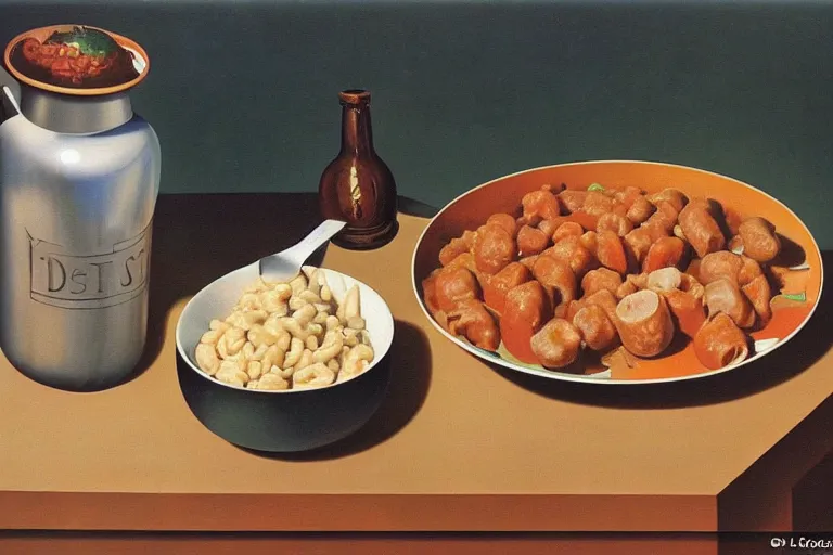 Prompt: sausage and goulash, by magritte and de chirico, surreal oil painting, hyper detailed, masterpiece 4 k