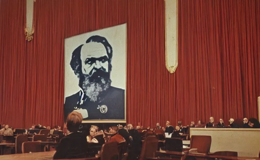 Image similar to 60s movie still of a stalinist style sovietic parlement with a giant portrait of Karl Marx, by Irving Penn , cinestill 800t 35mm eastmancolor, heavy grainy picture, very detailed, high quality, 4k, HD criterion, precise texture, panoramic, cinematic