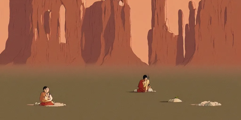 Image similar to a realistic cell - shaded studio ghibli concept art from paprika ( 2 0 0 6 ) of a monk meditating and a small mammoth from close encounters of the third kind ( 1 9 7 7 ) in a flooded monument valley stonehenge. very dull colors, wide shot, hd, 4 k, hq