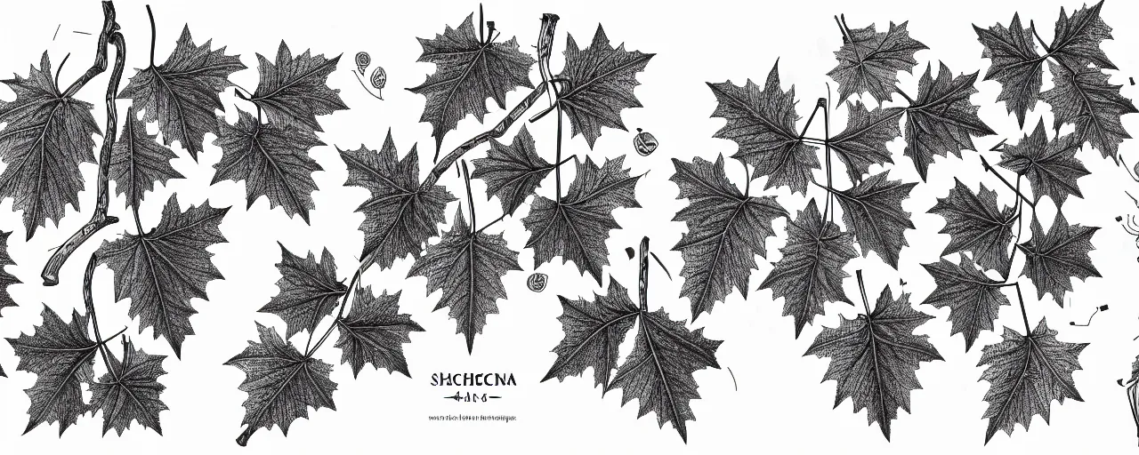 Prompt: a full page schematic diagram illustration of a branch with grape leaves and acorns of oak, ultra detailed, 4 k, intricate, encyclopedia illustration, fine inking lines