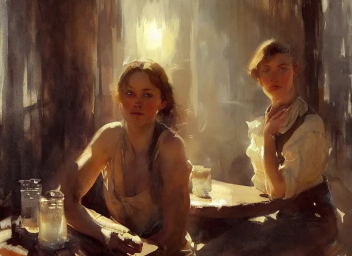 Prompt: oil watercolor painting of young rugged woman in western bar, shaven stubble, short hair, mysterious light, art by anders zorn, wonderful masterpiece by greg rutkowski, beautiful cinematic light, american romanticism by greg manchess, creation by tyler edlin