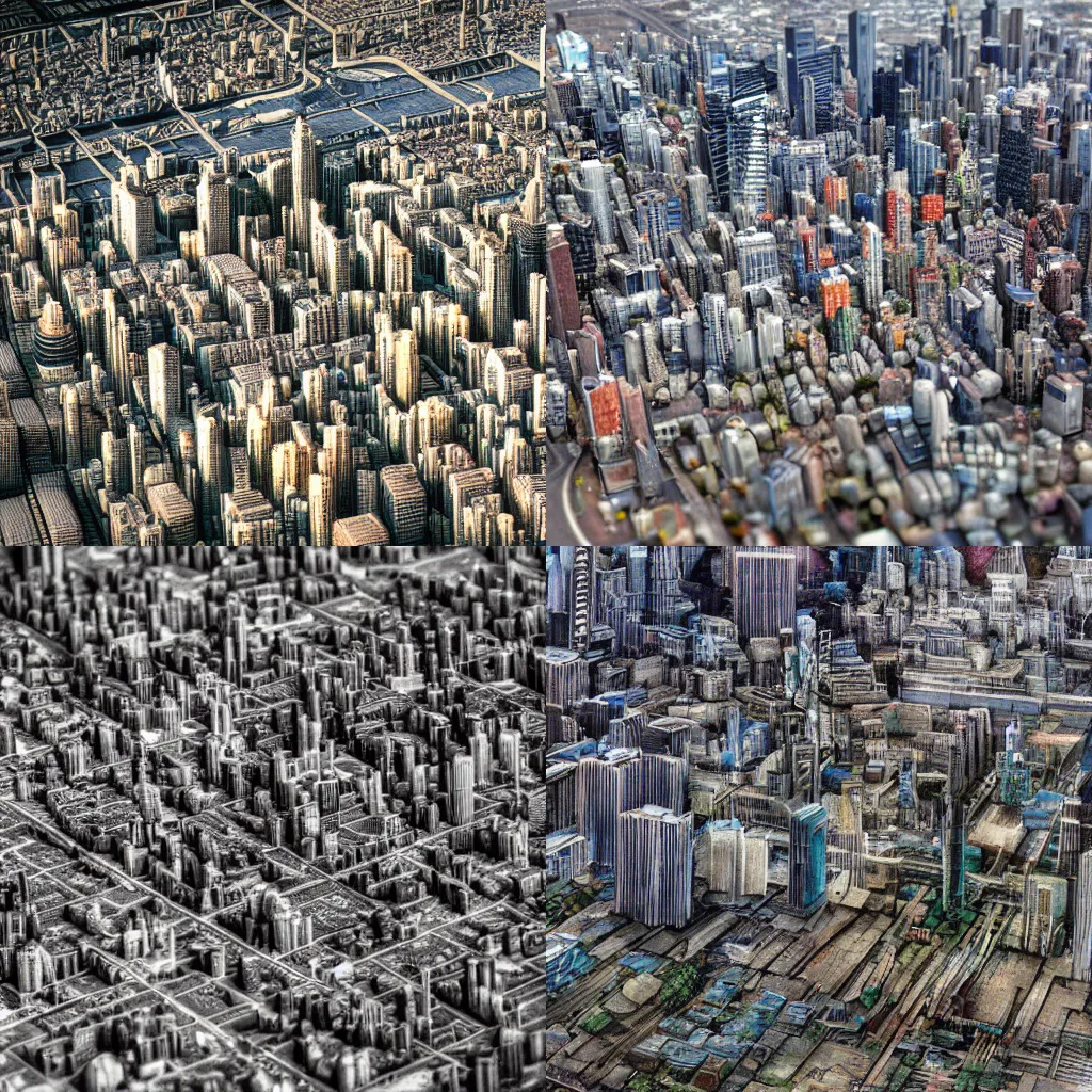 Prompt: aerial photo of Mega City One, tilt shift