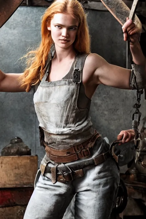 Prompt: female blacksmith, very burly. strawberry - blonde hair, many freckles. face resembles natalia vodianova, but body is burly, broad - shouldered, thick limbed, like a blacksmith.