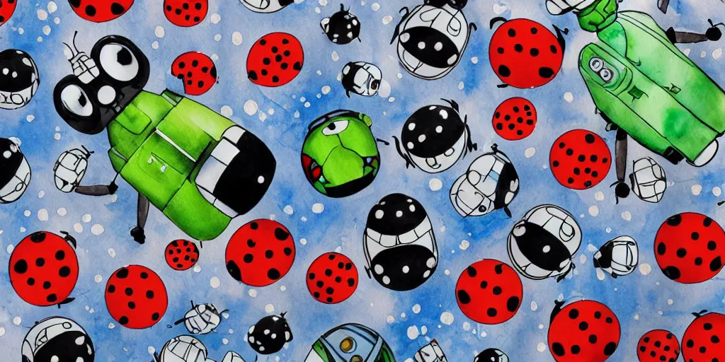 Image similar to shower curtain product catalog. wide - angle photo. on the curtain is a low - angle hero - shot watercolor of a ladybug robot. the robot has an epic showdown with darth vader. the water color has ink under drawing. highly coherent, product photography of a shower curtain, product lighting. 4 k, highly detailed. saturated.