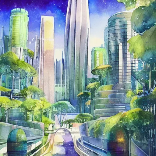 Image similar to Beautiful happy futuristic city in harmony with nature. Nice colour scheme, soft warm colour. Beautiful detailed watercolor by Lurid. (2022)