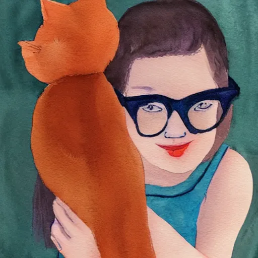 Prompt: alternative looking woman with messy short brown hair and glasses with her young orange cat full of energy, watercolor painting