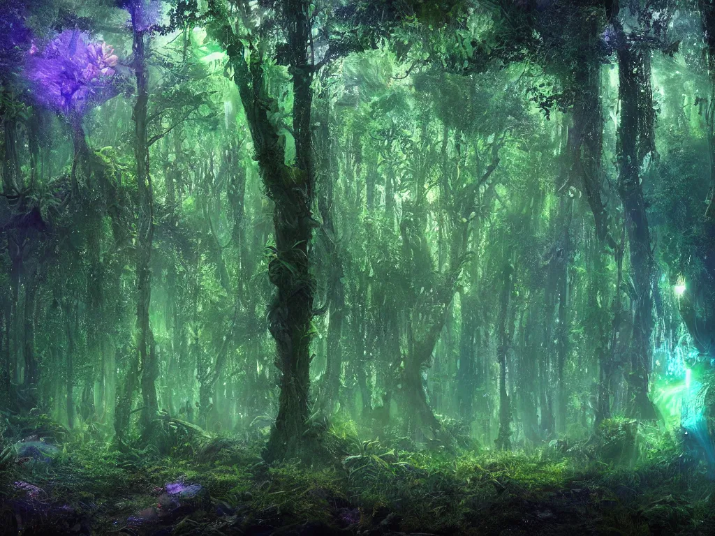 Prompt: a fantasy beautiful dense biorelevant rainforest setting, ultrawide angle, a deer glowing light full of bright neon ether light sparkle, cinematic lighting, extremely emotional, extremely dramatic, surround it with pixie dust ether floating in the air, hdr, epic scale, cmyk, deep spectrum color