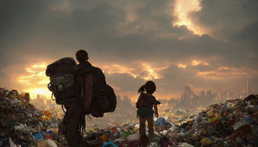 Image similar to poor detailed child with backpack looking for food at garbage dump, city is pure wasteland, moody sunset in background, greg rutkowski, alphonse mucha, trending on artstation, artgerm, unreal engine, breathtaking, award winning, highly detailed