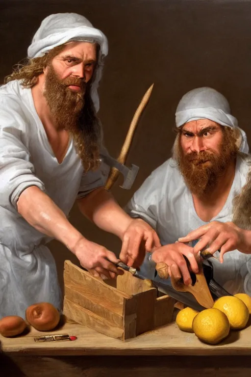 Prompt: a hyperrealistic portrait of two cavemen performing surgery on a crate of lemons with tools made of bubblegum , 8k