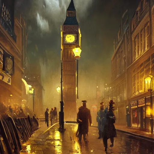 Prompt: a painting of london in 1 9 2 0's, ultra realistic, colour, concept art, intricate details, night, thunder, raining, eerie, arkham horror, call of cthulhu, elder sign, highly detailed, dark fantasy, photorealistic, octane render, 8 k, unreal engine 5. art by artgerm and greg rutkowski and alphonse mucha