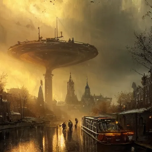 Image similar to amsterdam in a post apocalyptic earth as seen by greg rutkowski, dark theme, enchanted, warm colors, high quality, waw, trending on artstation