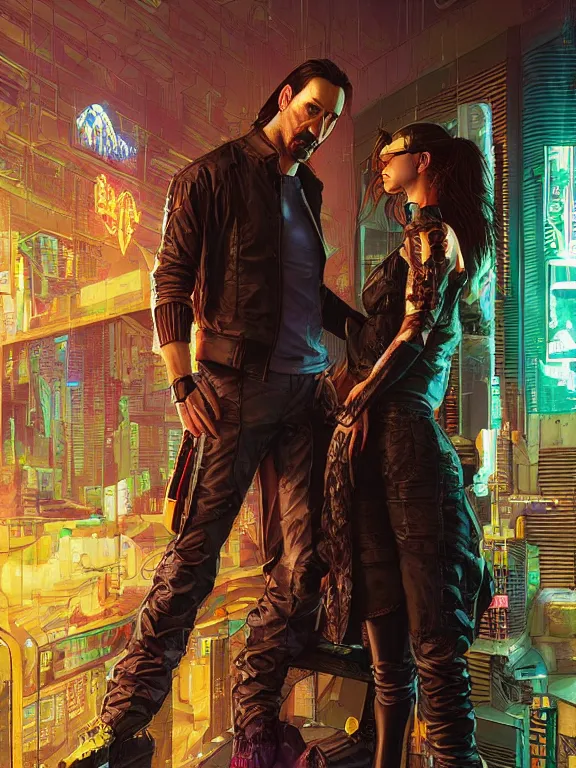 Image similar to a cyberpunk 2077 couple portrait of Keanu Reeves and V ,love story , lots of electric cable behind them connected to giant computer,film lighting,by laurie greasley,Lawrence Alma-Tadema,William Morris,Dan Mumford,trending on atrstation,FAN ART,full of color,Digital painting,highly detailed,8K, octane,golden ratio,cinematic lighting