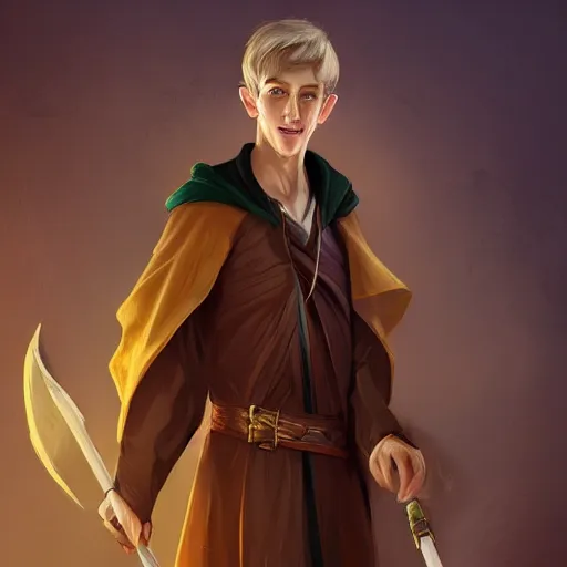 Image similar to An adolescent male half-elf wizard, focus on face, tall, slim, short brown hair, smiling, wizard robes, staff, sharp focus, highly detailed, photograph, cinematic, dynamic lighting, trending on artstation, digital painting, in the style of Chris Ostrowski